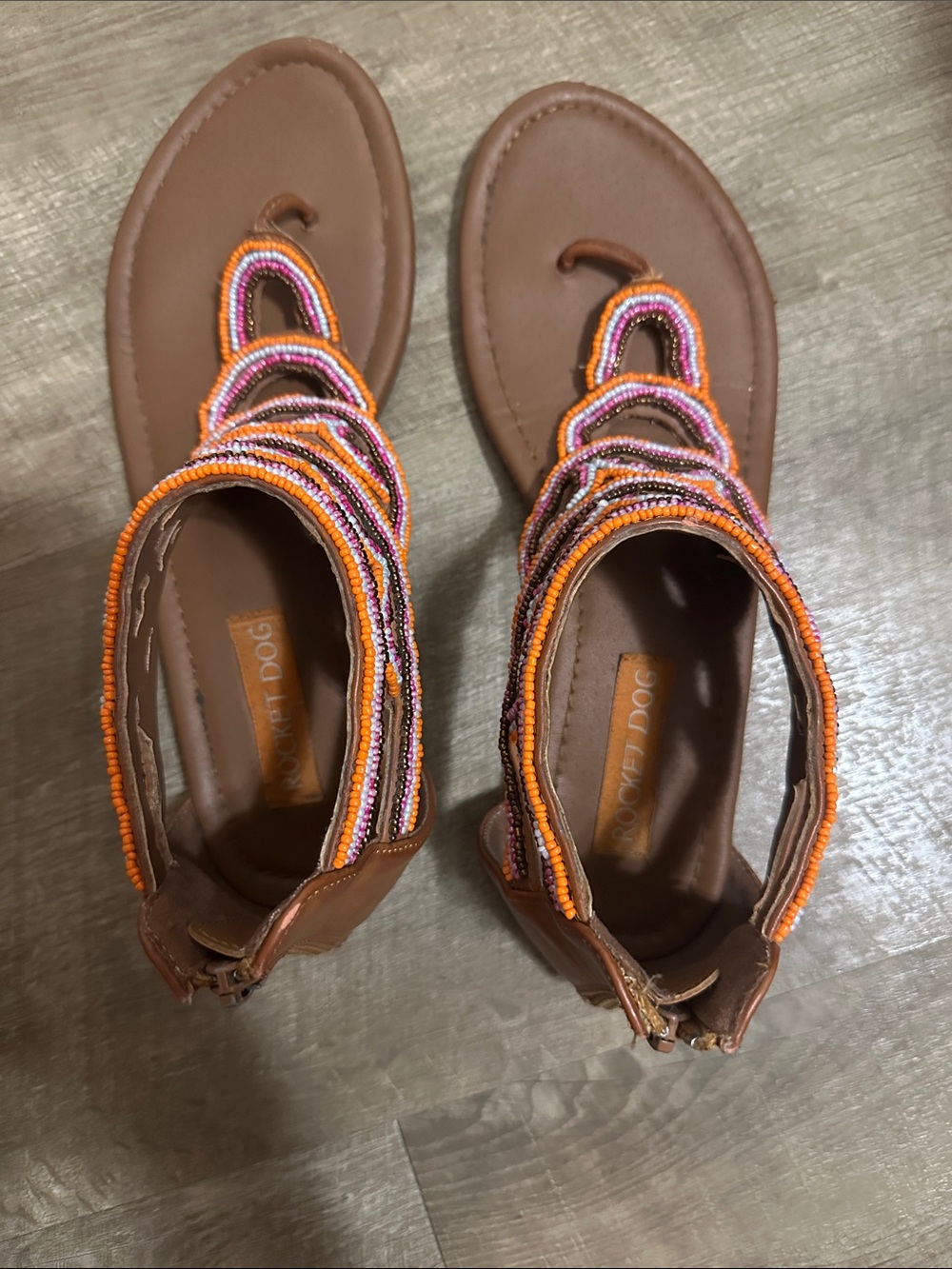 Rocket Dog Brown Beaded Strappy Sandals with Orange and Pink Accents